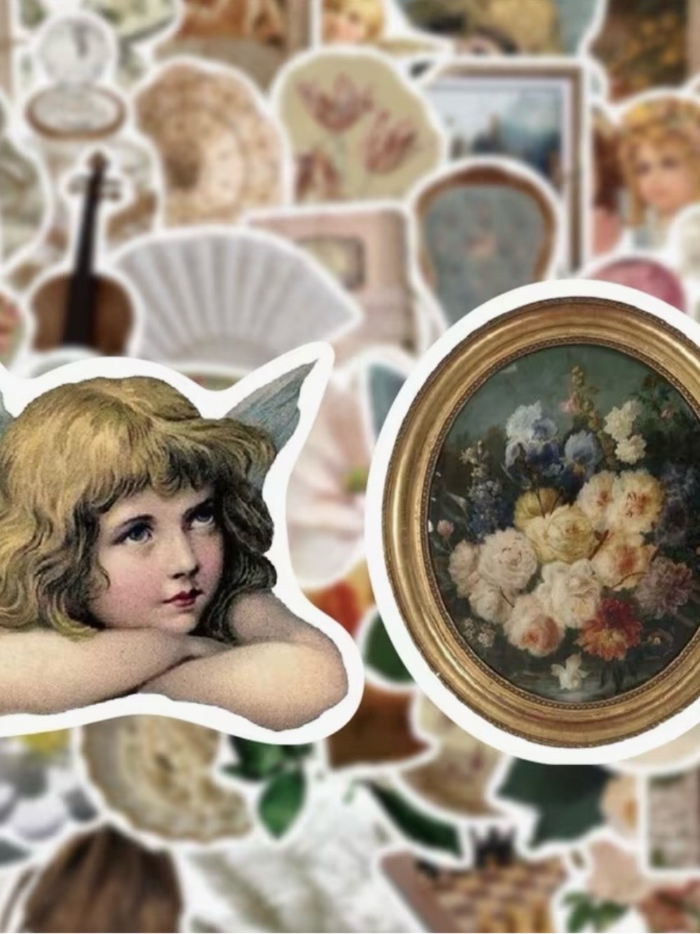 50 Vintage Victorian Stickers Cream, Green, Gold Angels Flowers Frames Fans